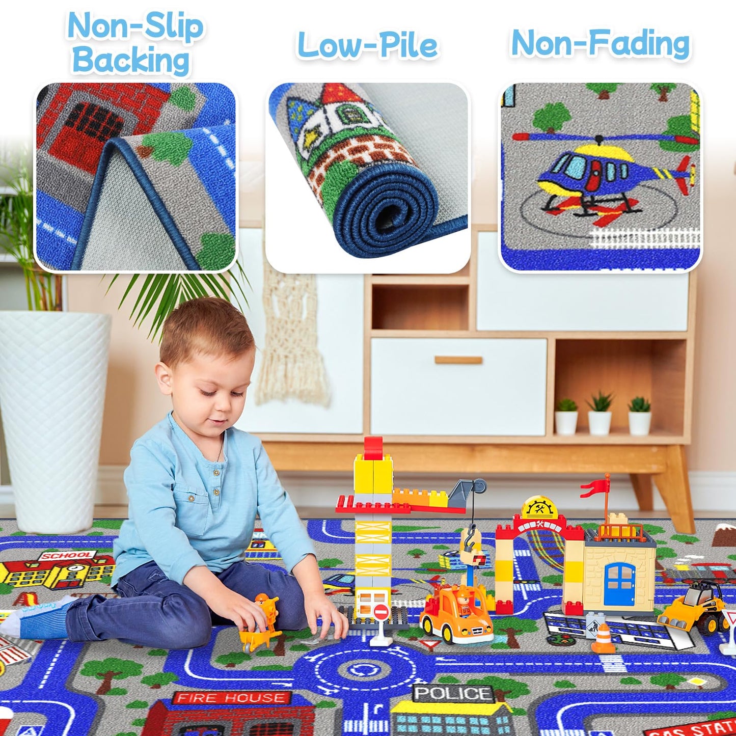 Ythropon Kids Rug Car Play Mat 6.6'x5.0',Blue Kids Rug for Toy Cars,Non-Slip Town City Map Carpet Play Mat,Traffic Road Kid Educational Learning Car Rugs for Children Room Playroom Nursery