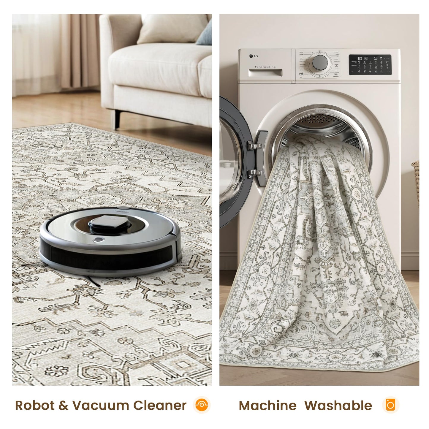 Area Rugs for Living Room - 9x12, Boho Non-Slip Low Pile Carpet Machine Washable Rugs for Bedroom, Farmhouse, Office, Dining Room (Beige)