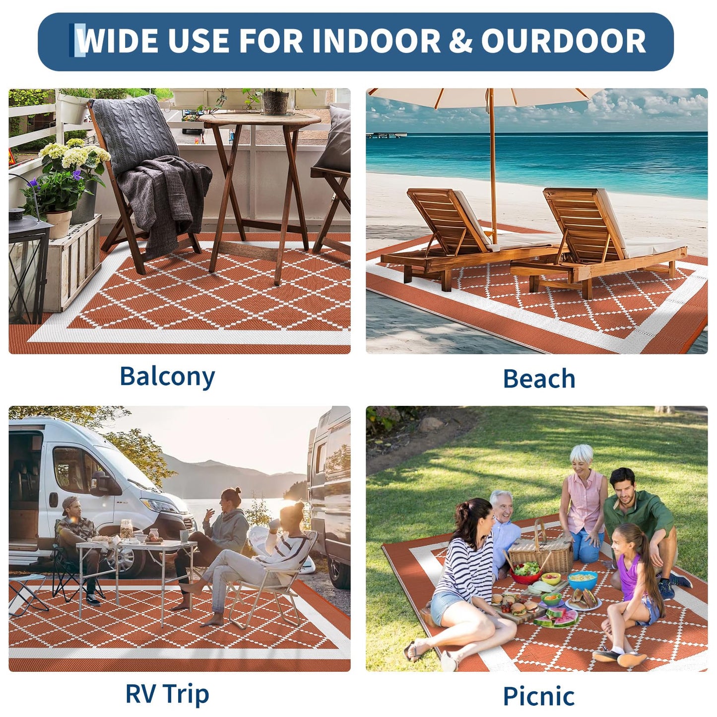 MilleLoom 9x12 Outdoor Rug Waterproof Foldable Plastic Straw Carpet for Patio Porch Modern Geometric Reversible Mat Lightweight Floor Mat for Picnic, Backyard, Rv, Beach, Deck, Camper, Balcony，Orange