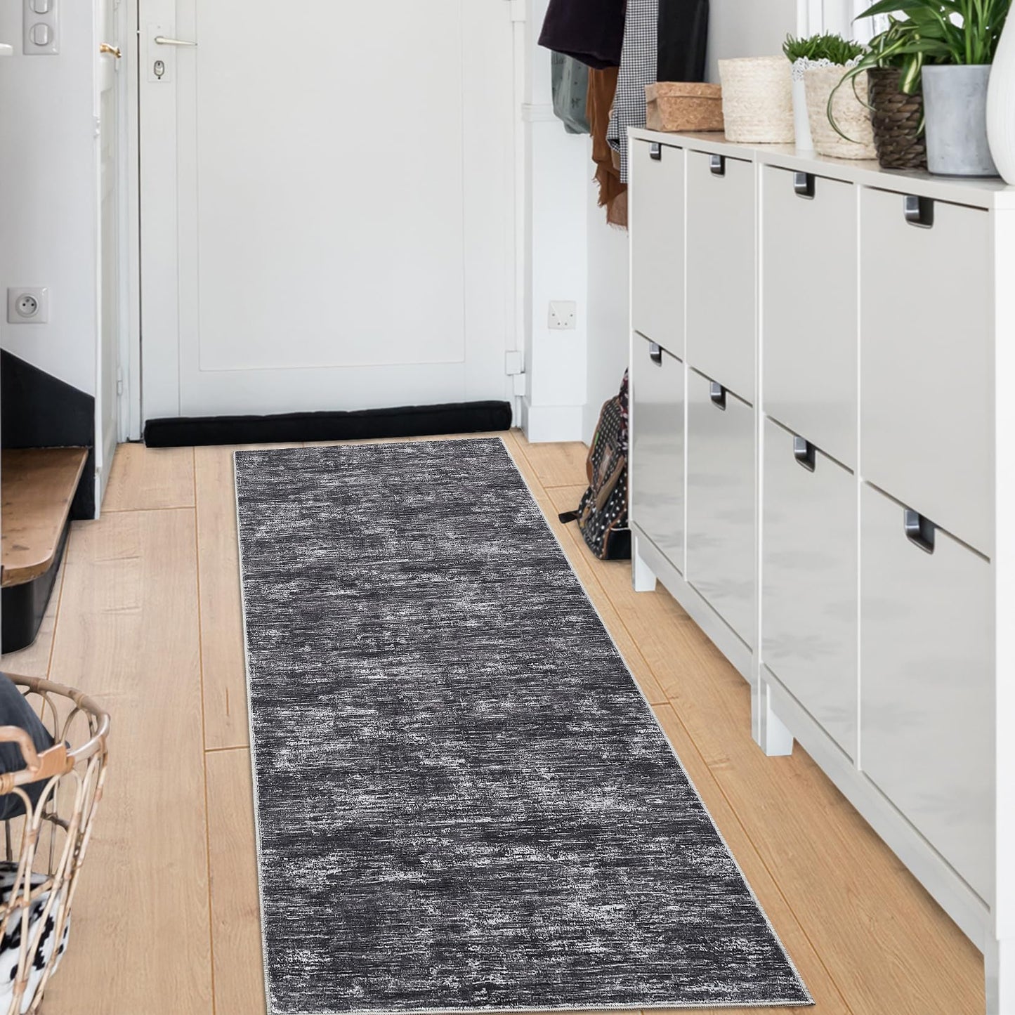 RUGSREAL 2x6 Runner Rug Washable Kitchen Runner Rug Modern Abstract Runner Mat for Hallway Contemporary Solid Rug Non-Slip Foldable Aesthetic Accent Floor Carpet for Living Room Bedroom, Dark Grey