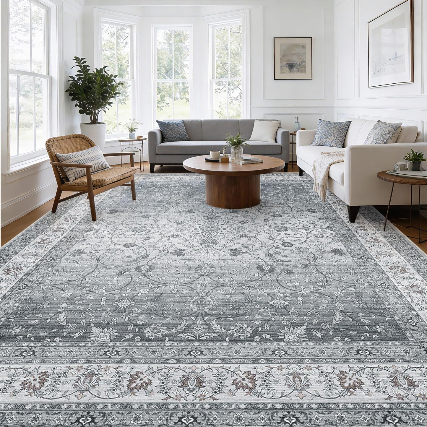 AMADA HOMEFURNISHING 8x10 Area Rugs, Washable Living Room Rug with Non-Slip Backing, Low Pile and Durable Edge Binding, Soft Vintage Floral Rugs for Living Room, Bedroom, Dining Room