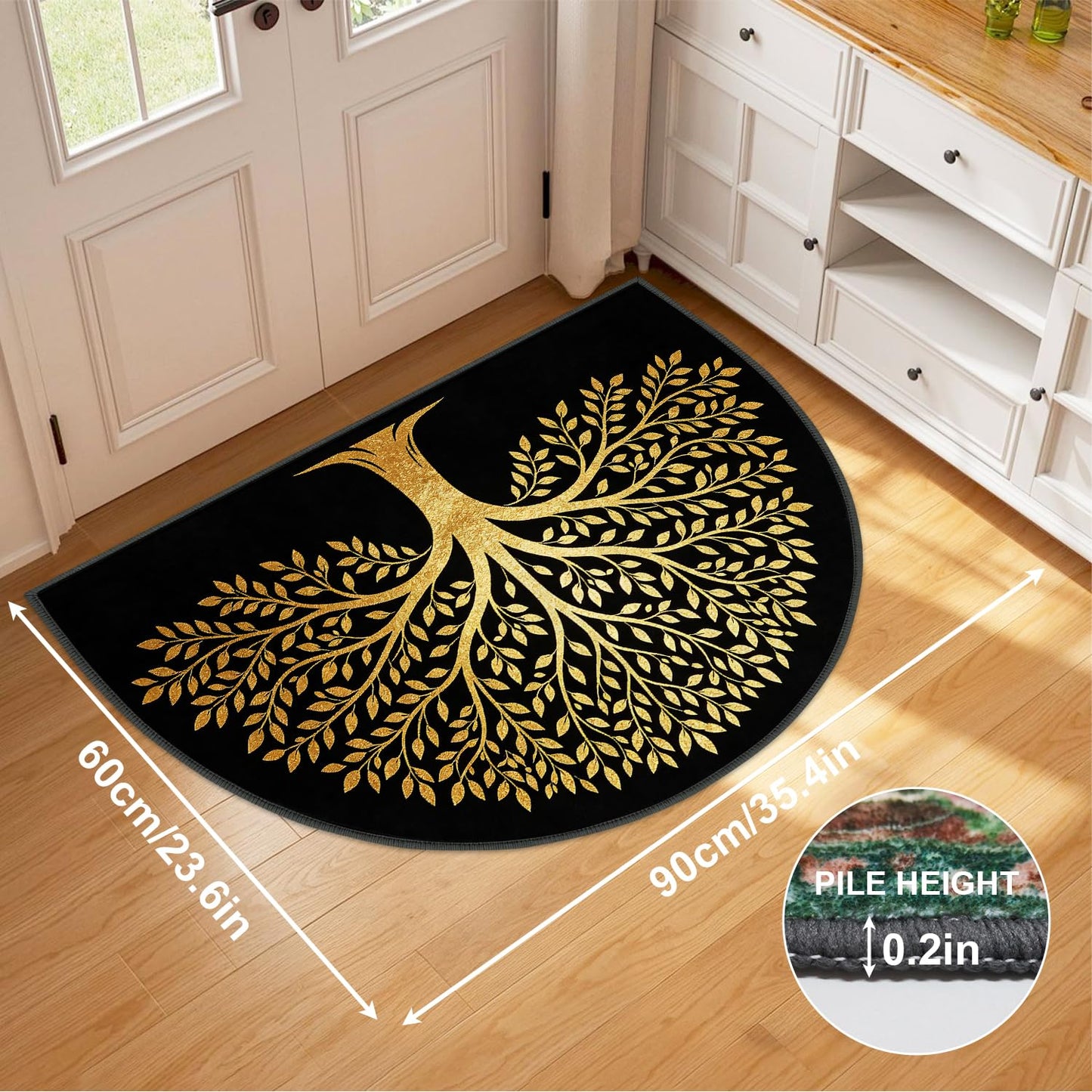 LEIWEIHOPE Golden Tree of Life Half Round Door Mat 24"x35.5" Low-Pile Ares Rug Non-Slip Absorbent Entrance Mat for Indoor Outdoor Front Door Semicircle Floor Mat for Kitchen Bathroom