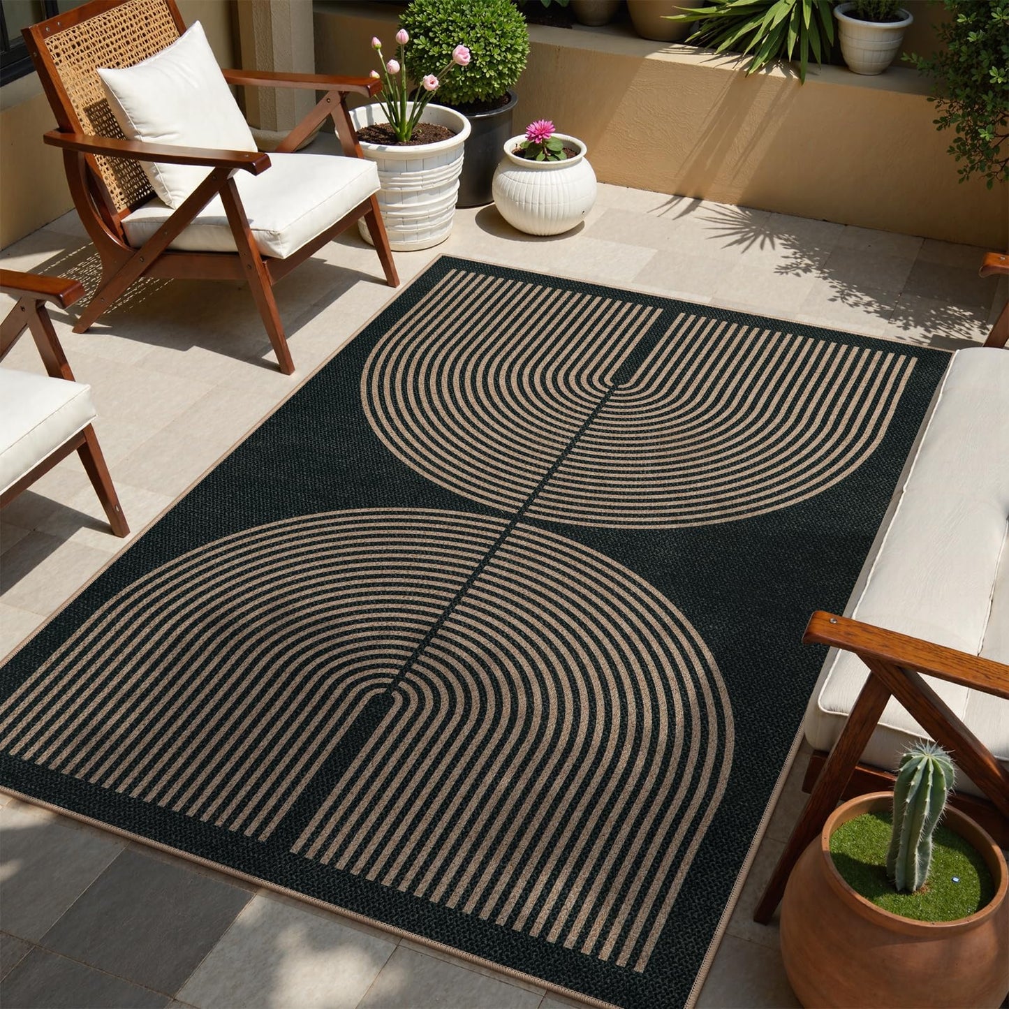 Lahome Modern Rainbow Easy Jute 4x6 Rug, Outdoor Patio Rug for Living Room Washable Black Carpet for Bedroom, Contemporary Non Slip Non Shedding Floor Carpet for Office Backyard