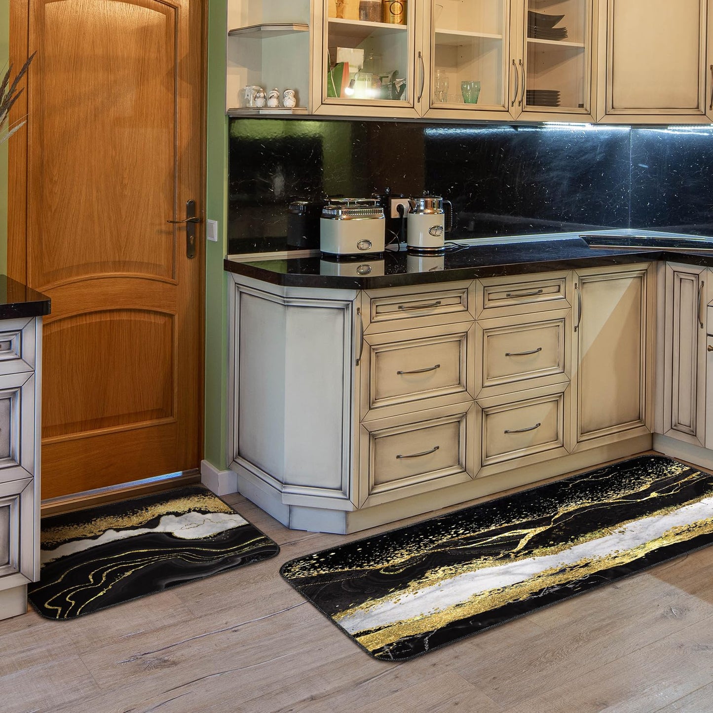 Bencailor Sets of 2 Marble Kitchen Rugs and Mats Black Gold Non Slip Kitchen Rugs Washable Door Mats for Home Floor Winter Bathroom Cabin Decor, 29 x 17 Inch and 47 x 17 Inch