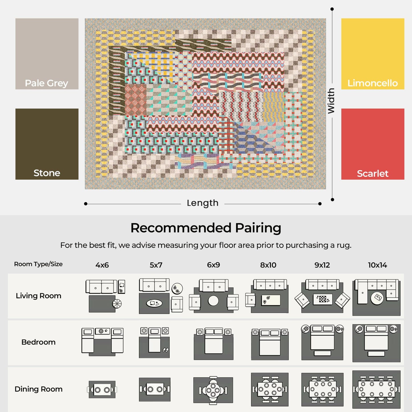 Kokia 8x10 Modern Geometric Washable Area Rug, Non-Slip Stain-Resistant Low Pile Rug for Living Room, Bedroom, Dining Room, Multicolor Bauhaus Grey