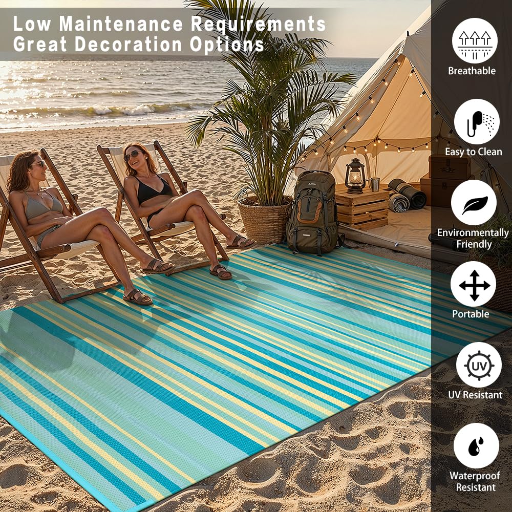 WondRg Outdoor Plastic Straw Rug Waterproof Patio 6x9 Teal Yellow Stripe Mat for Porch Camping RV Balcony Deck Courtyard Reversible Lightweight Durable Portable Carpet