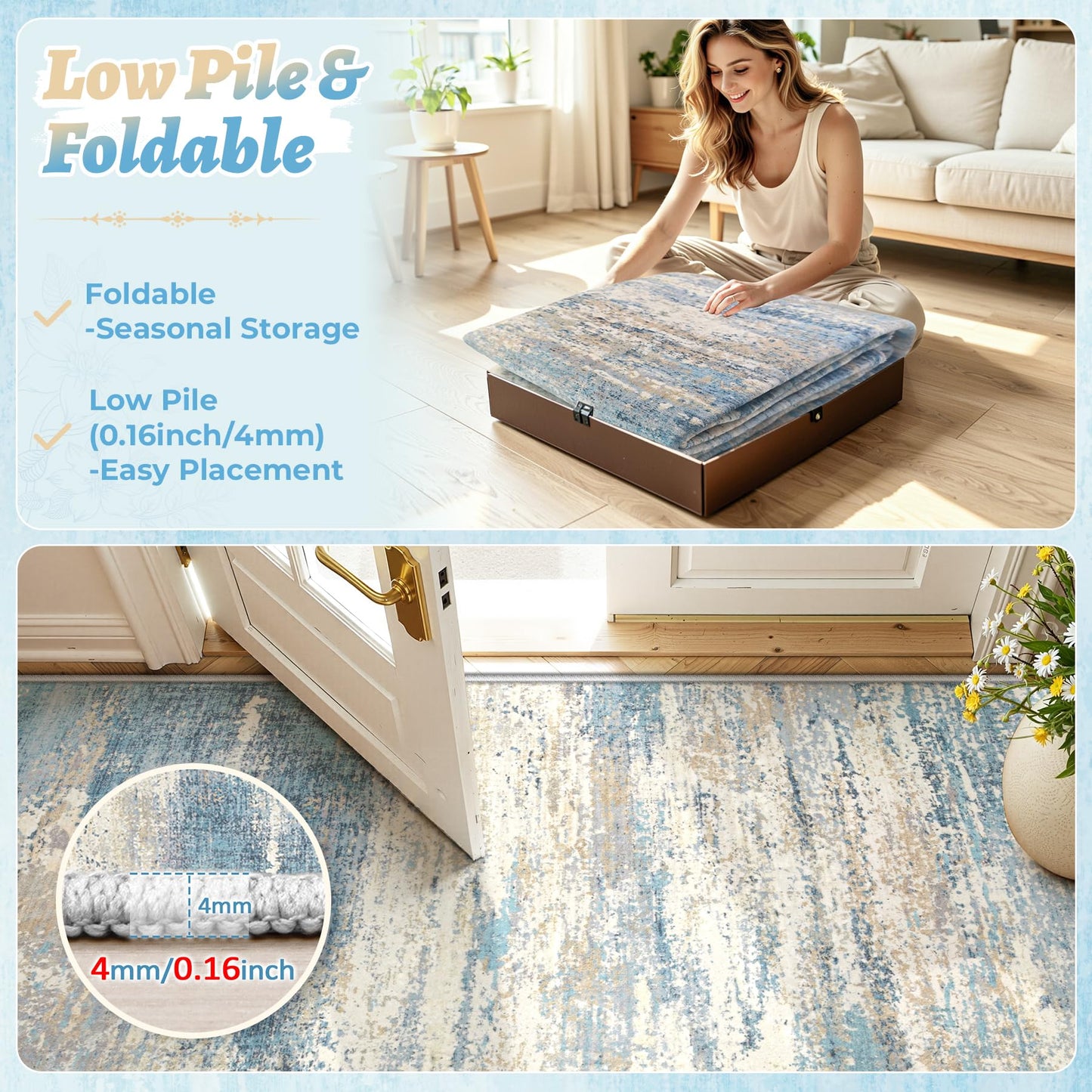 5x7 Area Rugs for Living Room: Washable Modern Abstract Rug Neutral Non-Slip Soft Low-Pile Indoor Carpet for Bedroom Nursery Dining Room Home Office (Blue Grey, 5'x7')