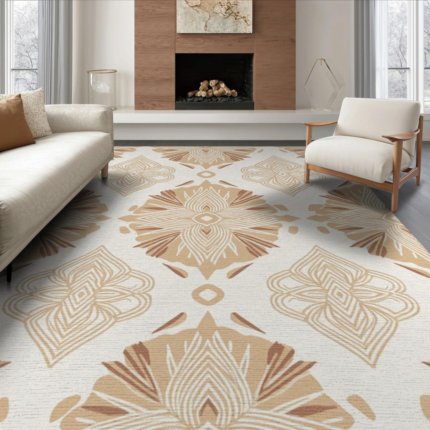 ODIKA 8'x10' Neutral Boho Contemporary Irregular Shape Balanced Palette Ivory Washable Area Rug for Dining Room, Large Office, Lounge, Non-Slip Chair-Friendly