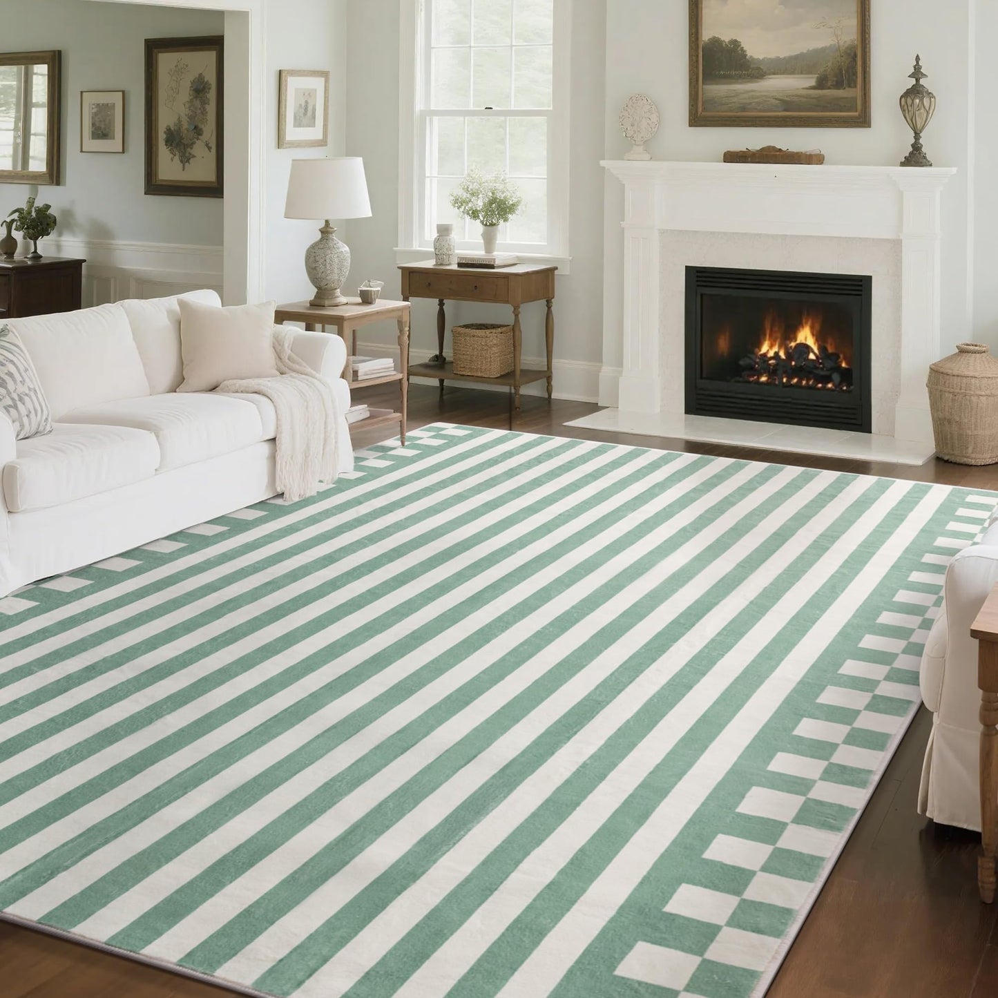 Carvapet 8x10 Area Rug - Green Striped Modern Large Carpet Low Pile, Non Slip Rubber Backing Easy Clean Foldable Big Thin Floor Mat for Living Room Bedroom