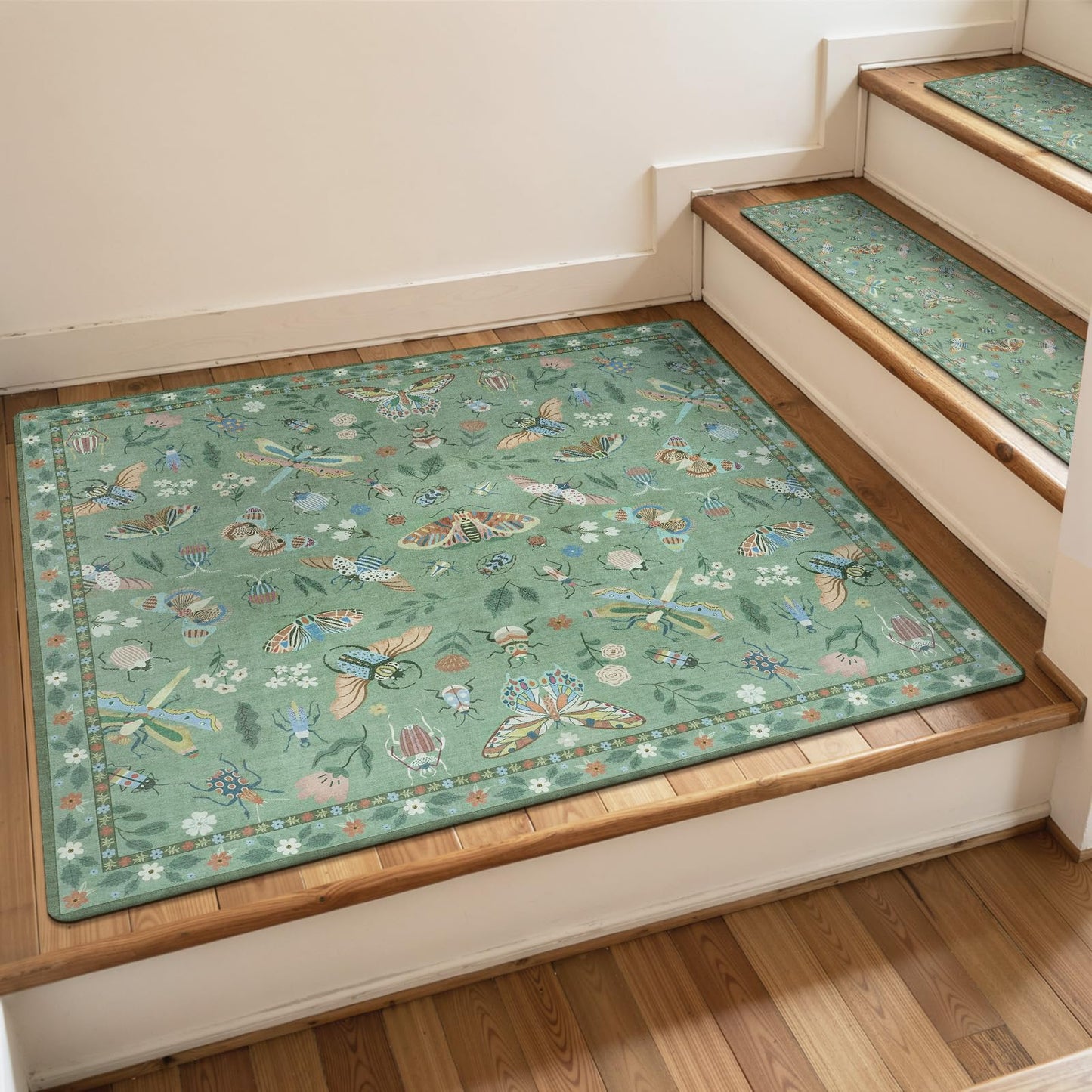 OJIA Stair Treads Non-Slip Matching Mat for Wooden Steps, Square Capet Stair Treads Rubber Backing Stair Runner Anti-Slip Stair Landing Mat 31x31 Inch Stair Rugs Carpet for Stairs， Green