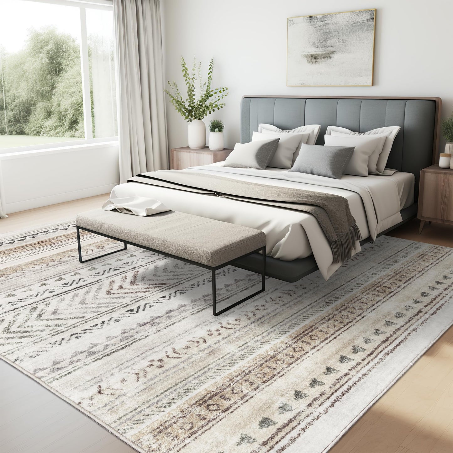 Art&Tuft 4x6 Rug, Super Soft Ultra-Thin Moroccan Washable Rug, Anti-Slip Backing Rugs for Living Room, Foldable Geometric Machine Washable (4'x6', Brown)
