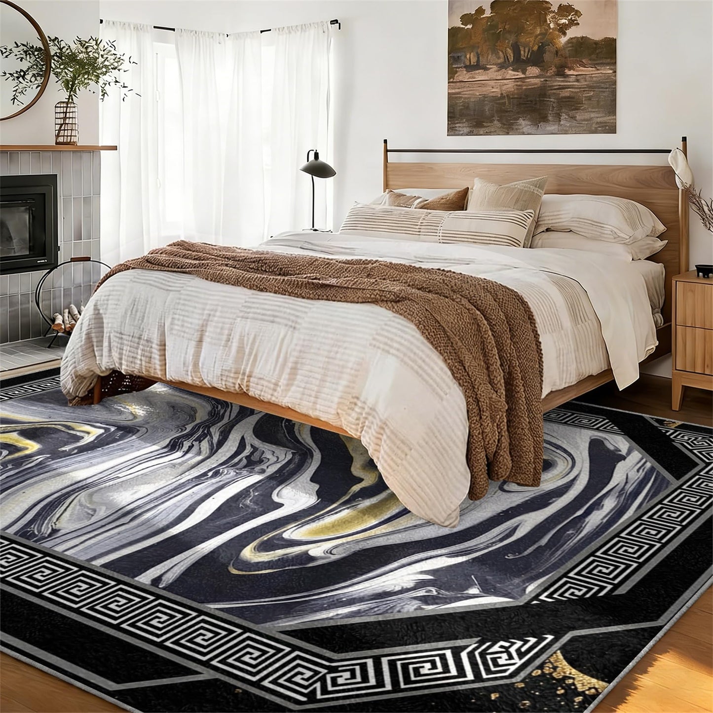 Black Gold Marble Abstract Area Rug 7x10ft, Modern Swirl Fluid Art Carpet with Greek Key Border, Luxury Non Slip Large Floor Rug for Living Room Bedroom Office Home Decor