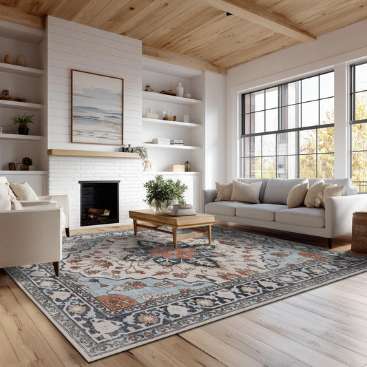 Washable 6x9 Area Rug for Living Room, Carpet for Bedroom Dining Room, Non Slip&Non-Shedding Resistant Low Pile Vintage Print Rug for Home Office (Blue/Gray)