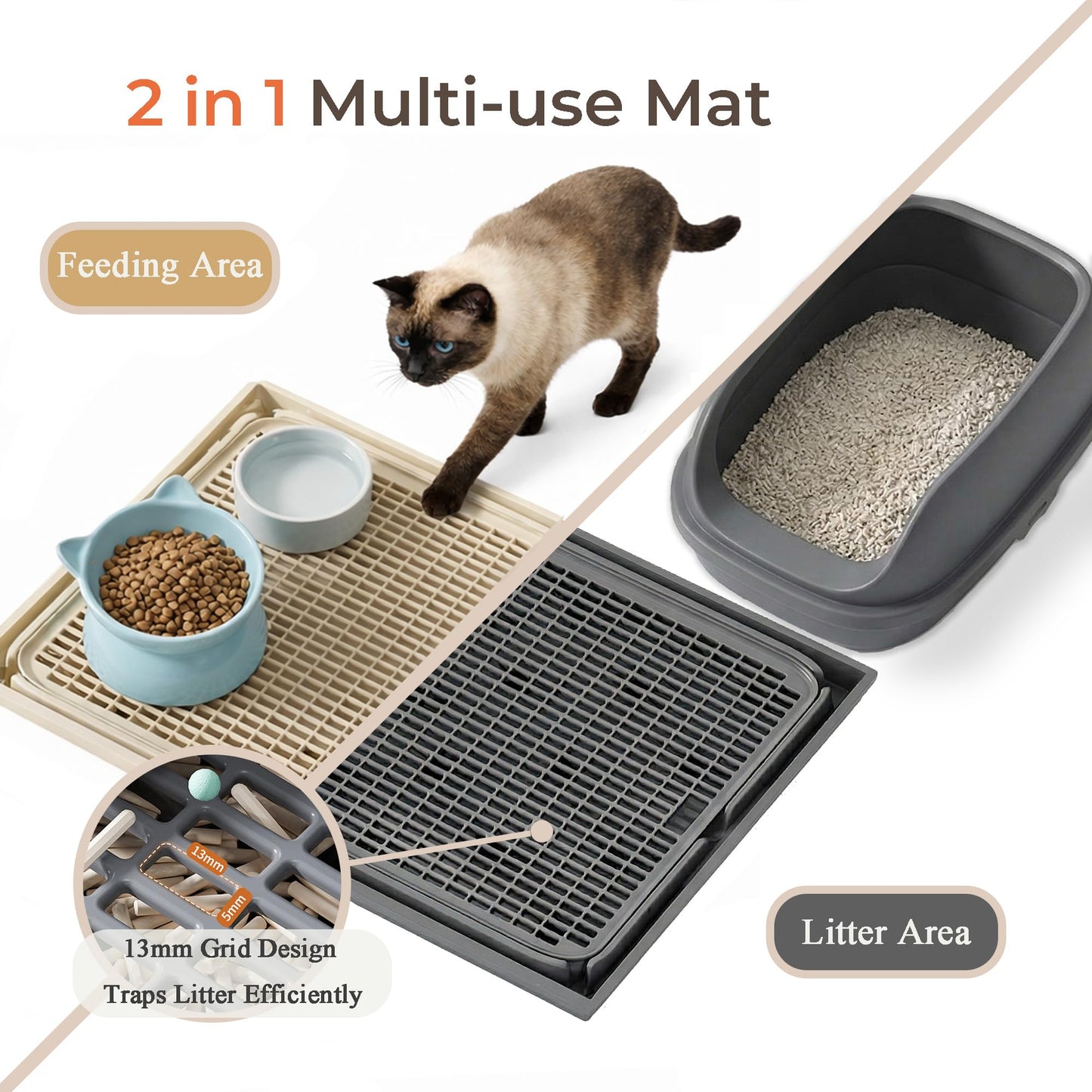 BonHautier 2 Pcs Cat Litter Mat, Double Layer Litter Trapping Mat with Connectable Design, Waterproof Urine Proof Cat Mat, Easy Clean Litter Box Mat for Indoor Cats (Khaki)