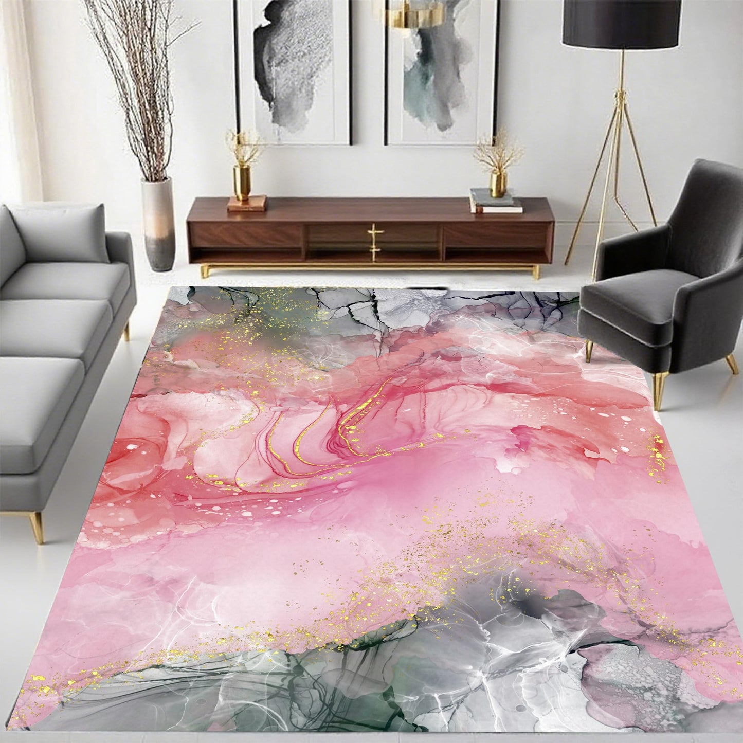 VTKON Pink Grey Marble Rug for Bedroom Marbled Texture Area Rug Tie-Dye Pink Gold Floor Mat for Living Room Dining Room Modern Carpet for Girls Women Room Decor, 4'x6'
