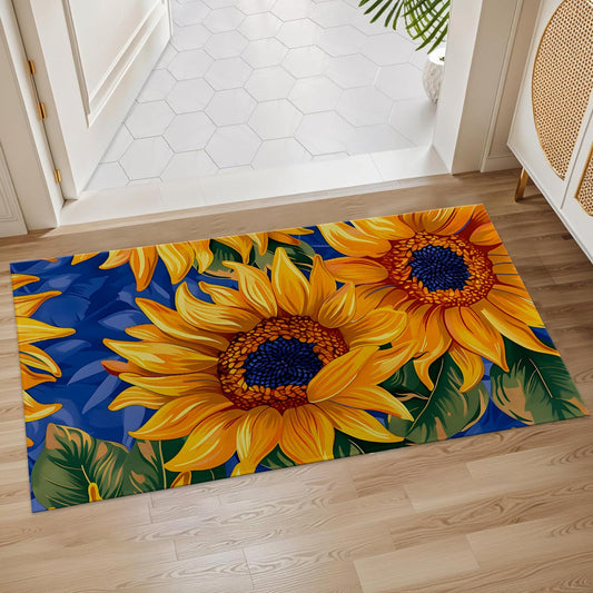Plistiz Bright Sunflower Indoor Door Mat, 17x29.5 Inch, Floor Area Rug for Entryway, Living Room, or Bathroom, Non-Slip Doormat, Yellow and Blue Sunflower Design Home Decor Rug Gifts