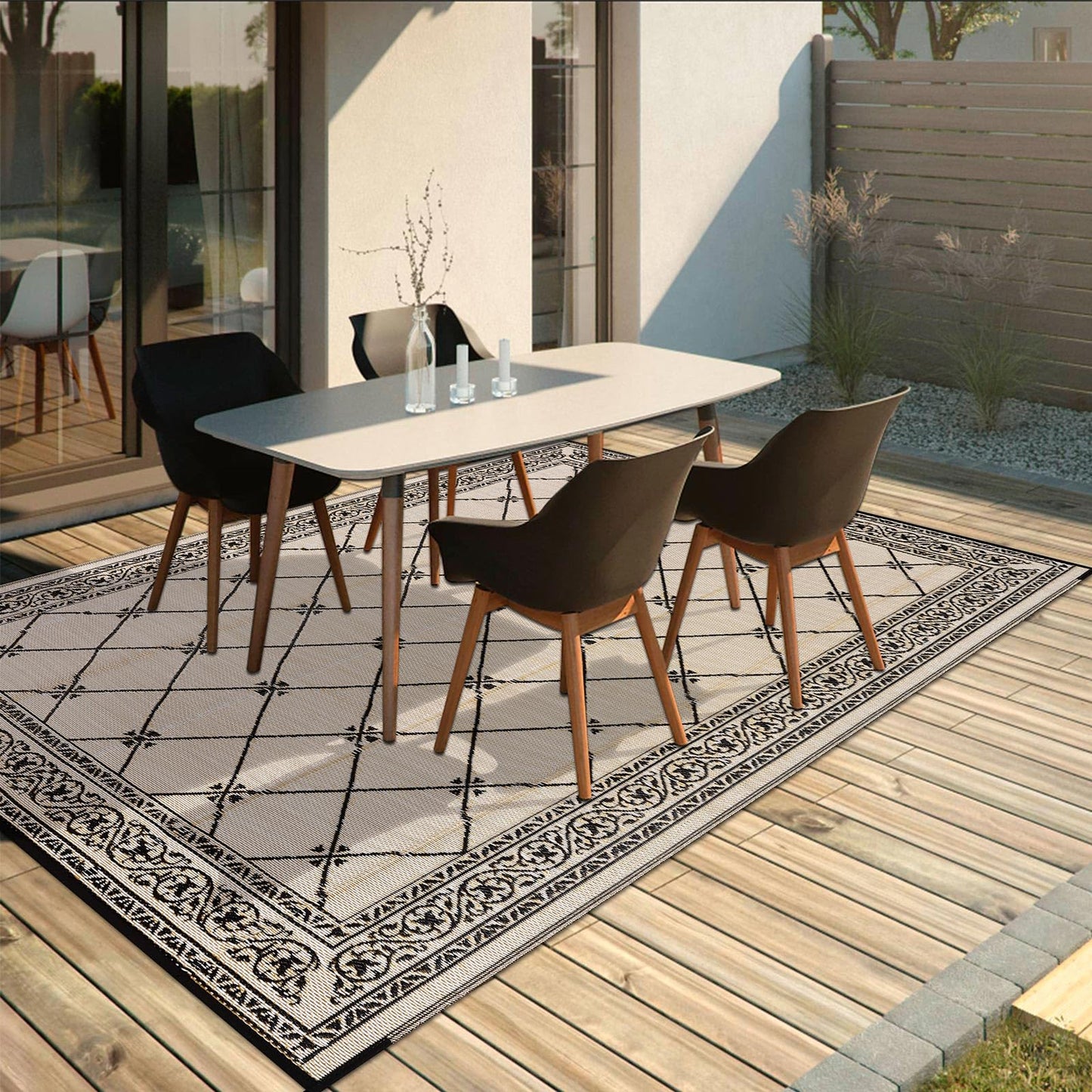 HiiARug Outdoor Rug 8'x10' for Patios Waterproof Patio Rugs Outdoor Mats for Front Porch,Beach Mat,Reversible Plastic Straw Camping Rugs for Outside RV,Deck,Balcony,Backyard，Black&Beige