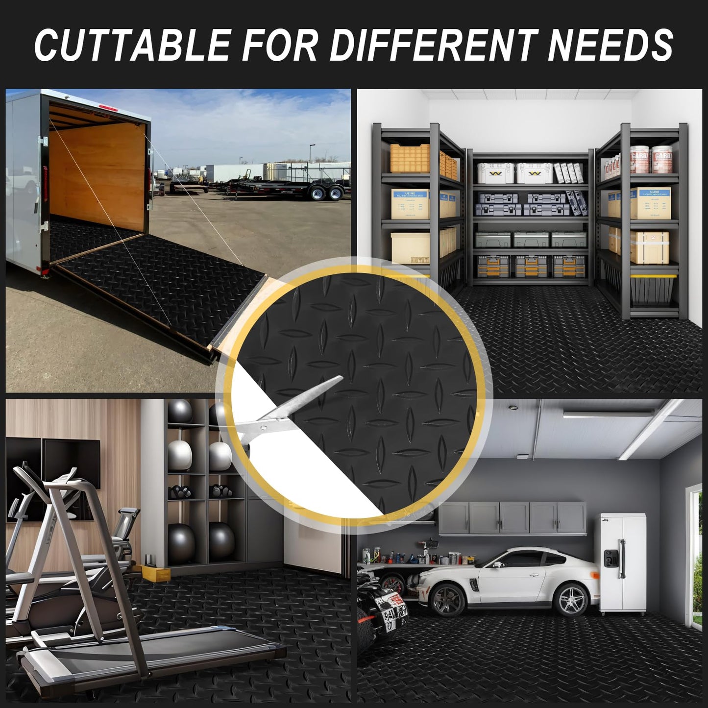 4x8FT Garage Floor Mat, 2.8mm Thickened Flooring Roll for Under Car, Golf Cart Parking Mat, Diamond Plate PVC Rubber Motorcycle Mat, Non-Slip Floor Protector for Garage Warehouse Trailer, Black