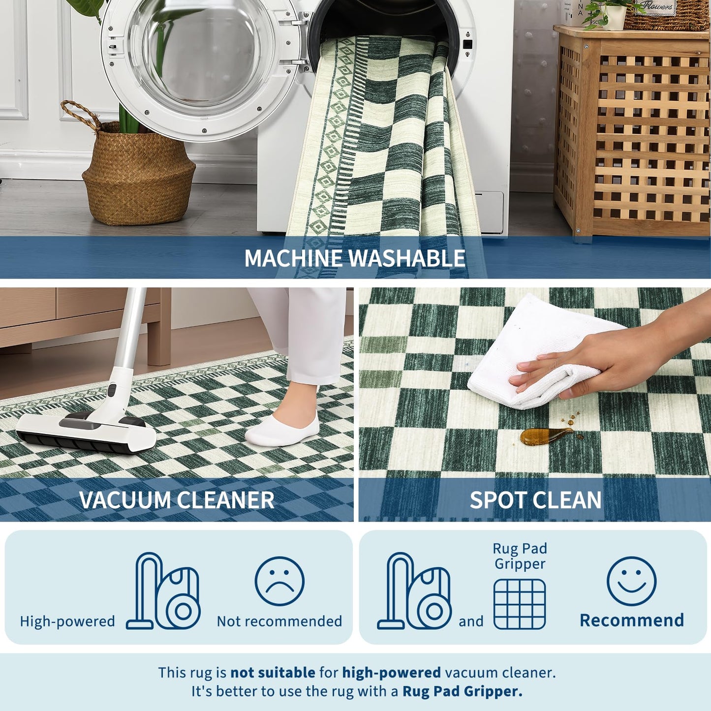 GarveeHome 5x7 Washable Rug for Living Room Contemporary Sage Green Geometric Floor Carpets Low Pile Non-Slip Nursery Room Carpet High Traffic Modern Abstract Checkered Area Rug for Bedroom