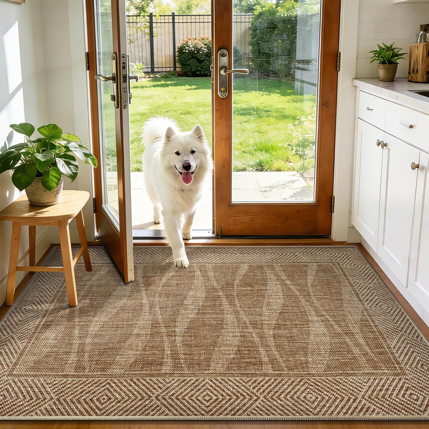 Jute Rug 3x5 Outdoor Patio Rug with Border, Washable Rugs for Entryway Porch, Farmhouse Non Slip Area Rugs with Rubber Backing, Non Shedding Carpet for Indoor Outdoor Bedroom, Courtyard, Light Brown