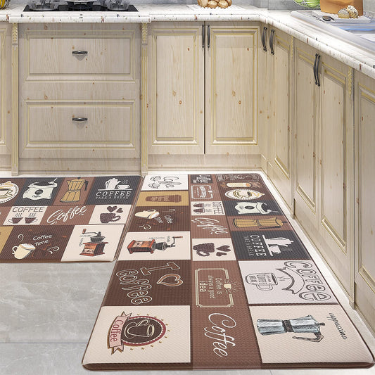 PCSWEET HOME Coffee Kitchen Mats Sets 2 Piece Cushioned Anti Fatigue Kitchen Rugs,Farmhouse Kitchen Rugs Waterproof Non-Slip Comfort Mat for Kitchen, Home, Office, Laundry (Light Coffee)