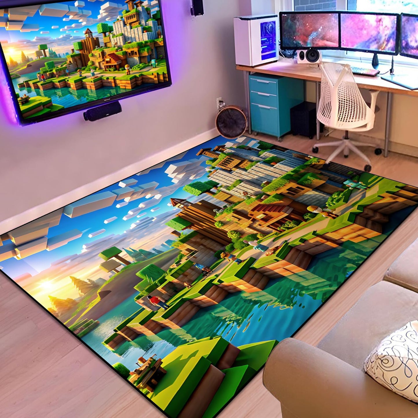 Block Game Rug Teen Kids Carpet, Pixel Games Scene Decoration Mat, Washable Cube Block Game Rugs for Boy's Bedroom Living Room Playroom, Non-Slip Children Gaming Area Rugs, Green Village, 60" x 40"