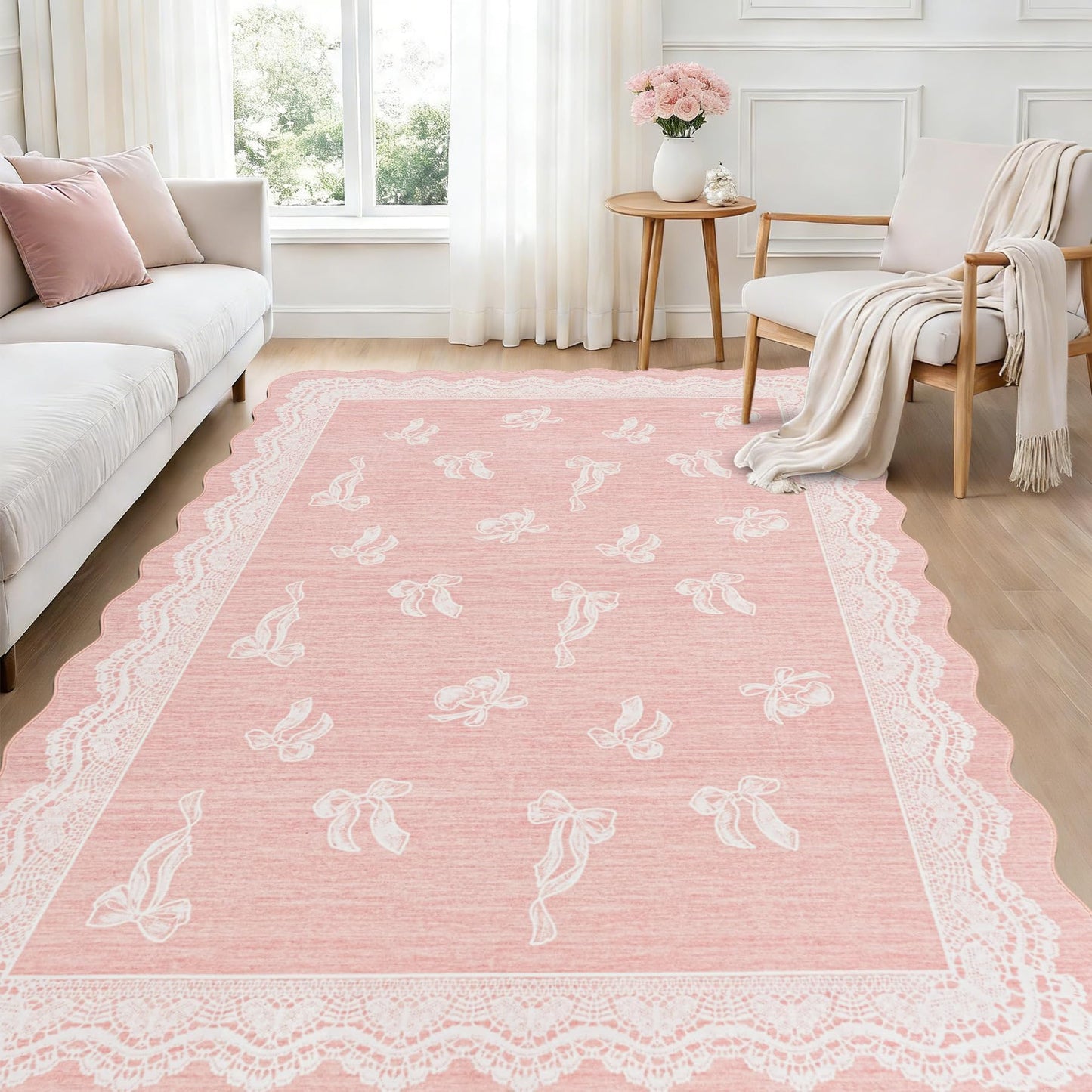 ORTIGIA 5x7 Scalloped Area Rug for Living Room, Pink Washable Low Pile Non Slip Rug with Bow Large Carpet for Girl Nursery Bedroom Playroom Dining Room Home Indoor Decor