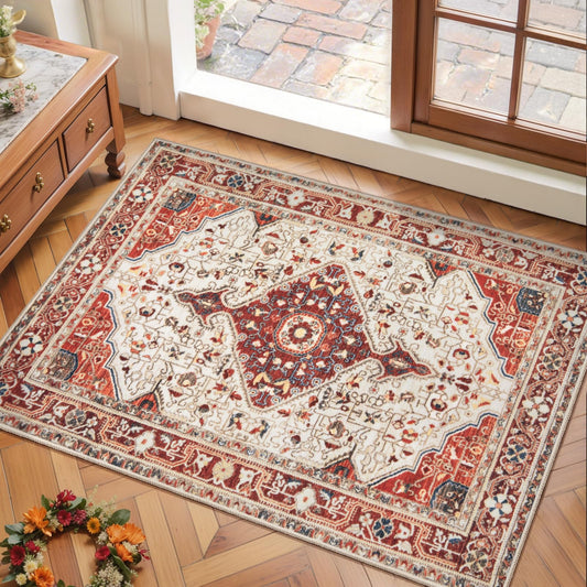 SERISSA 2x3 Rugs for Entryway, Washable Non-Slip Small Area Rug Door Mat Indoor Entrance, Soft Low-Pile Vintage Oriental Throw Carpet for Kitchen Bedroom Bathroom, Beige/Orange