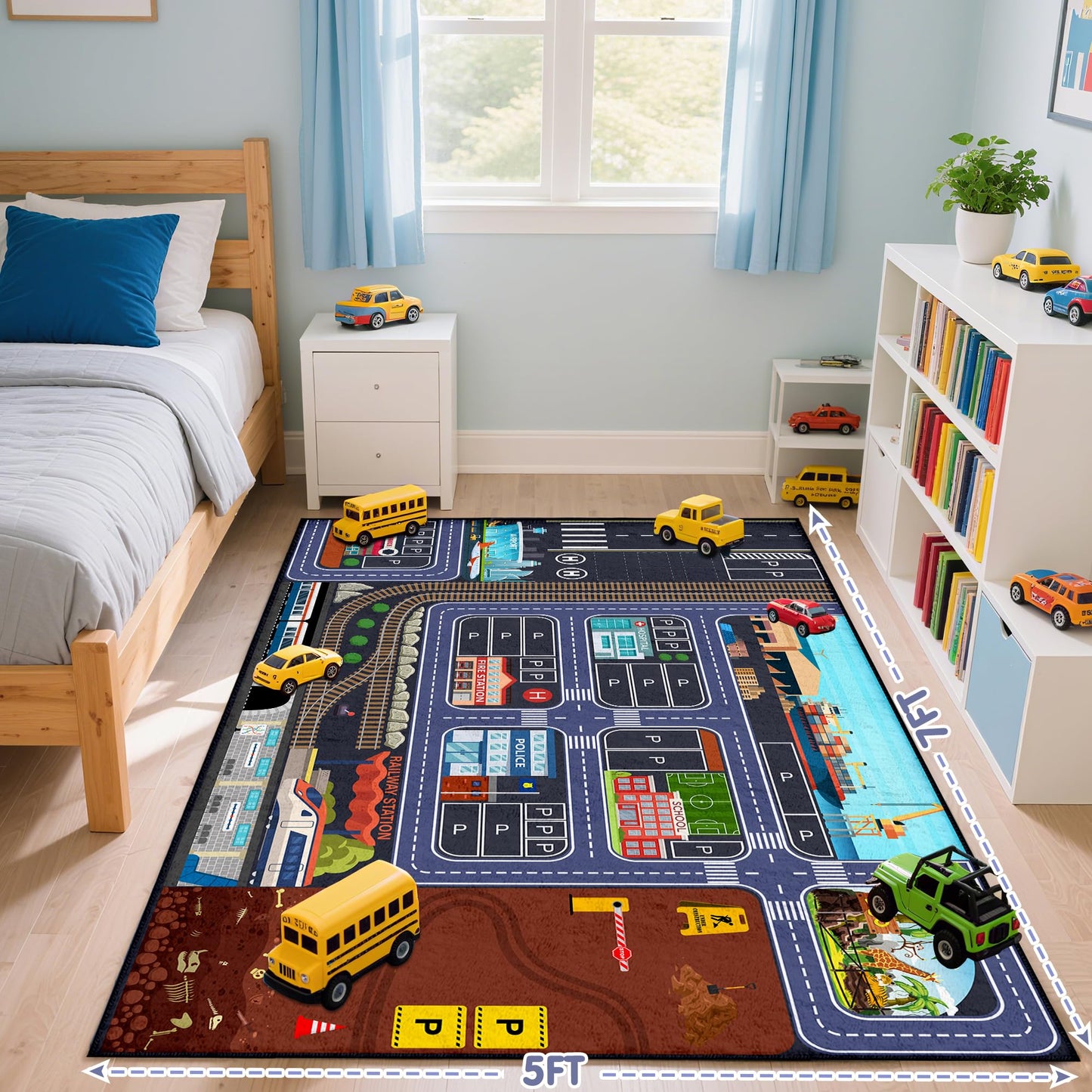 Ekpvgit Car Road Kids Rug Carpet Playmat 5x7 - Car Rugs for Kids Boys, Boys Educational City Traffic Build Play Mat, Washable Non-Slip City Traffic Road Kid Rug for Playroom Bedroom Classroom Nursery