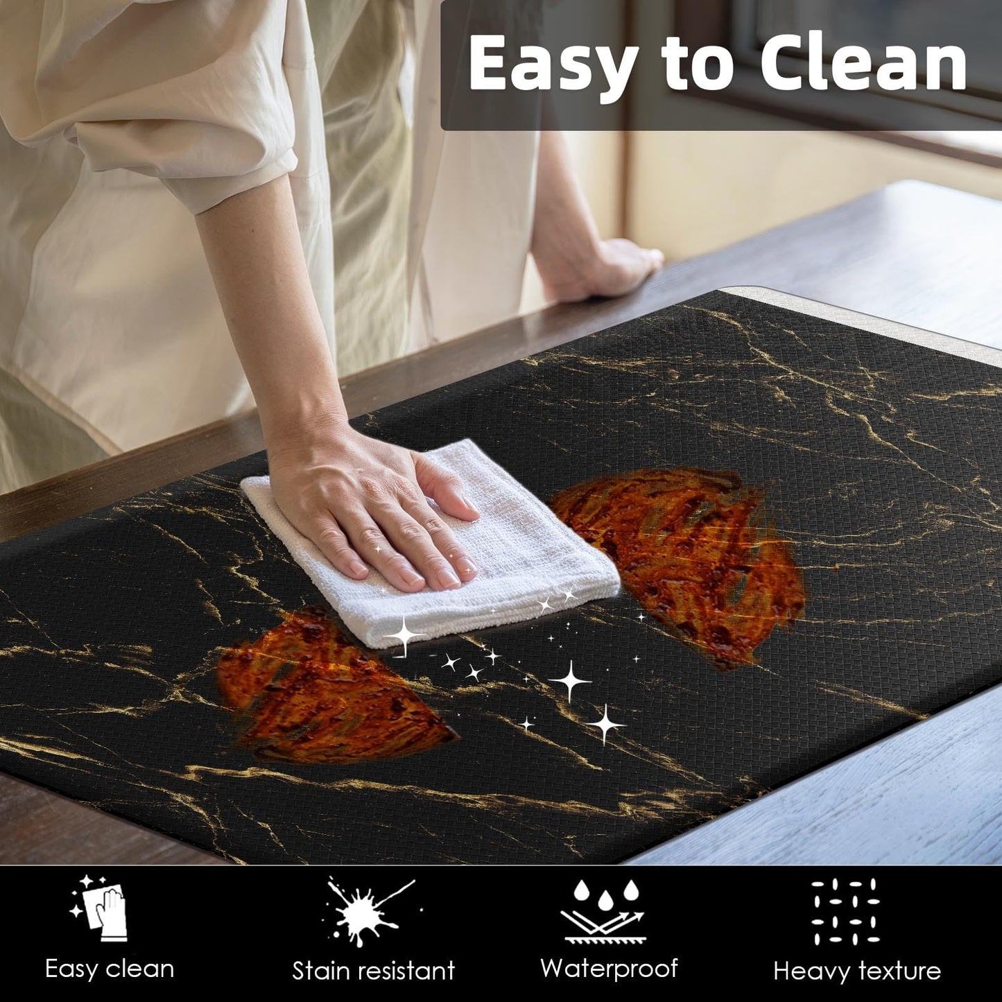 Arttown Anti-Fatigue Kitchen Rug Set of 2 Marble Black Gold Abstract Cushioned Floor Mat, Standing Waterproof Non-Slip Mat and PVC Ergonomic Comfort Foam Rug for Kitchen