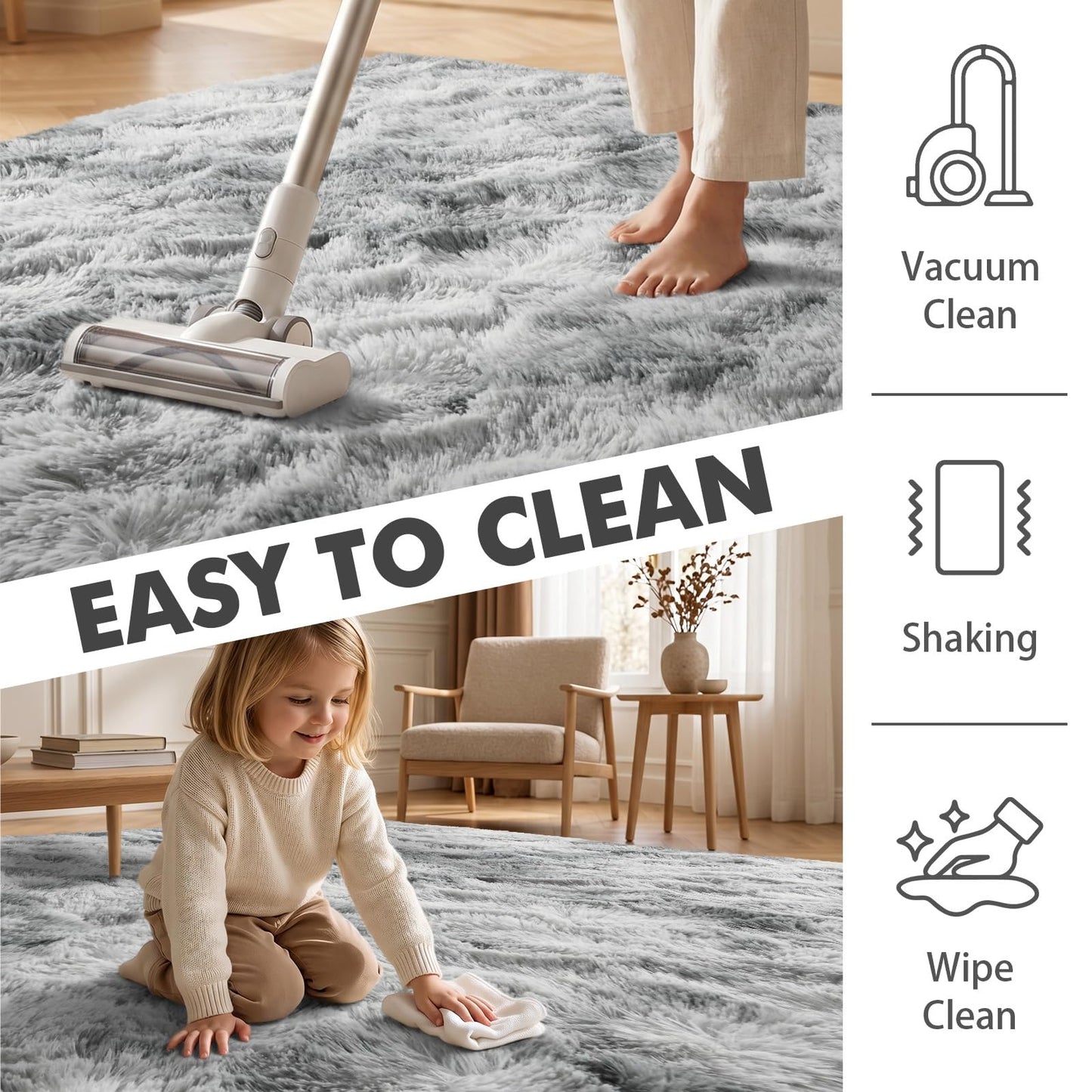 6x9 Ft Large Shag Rugs for Living Room Decor, Tie-Dyed Ultra Soft Fluffy Furry Area Rugs for Bedroom Indoor Floor, Aesthetic Carpet for Kids Home (Grey)