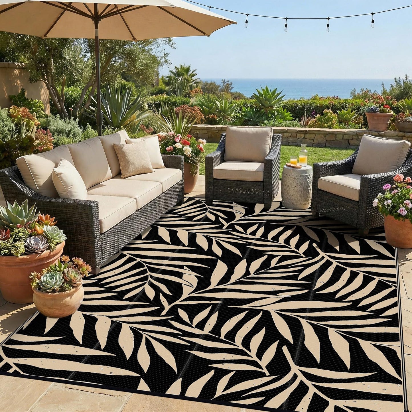 Smiry Outdoor Rug 8x10 ft, Waterproof Reversible Plastic Straw Rugs, Outdoor Area Rug with Leaf Pattern, Outside Floor Mat for Patio, Backyard, Deck, Picnic, Beach, Camping, Black & Beige