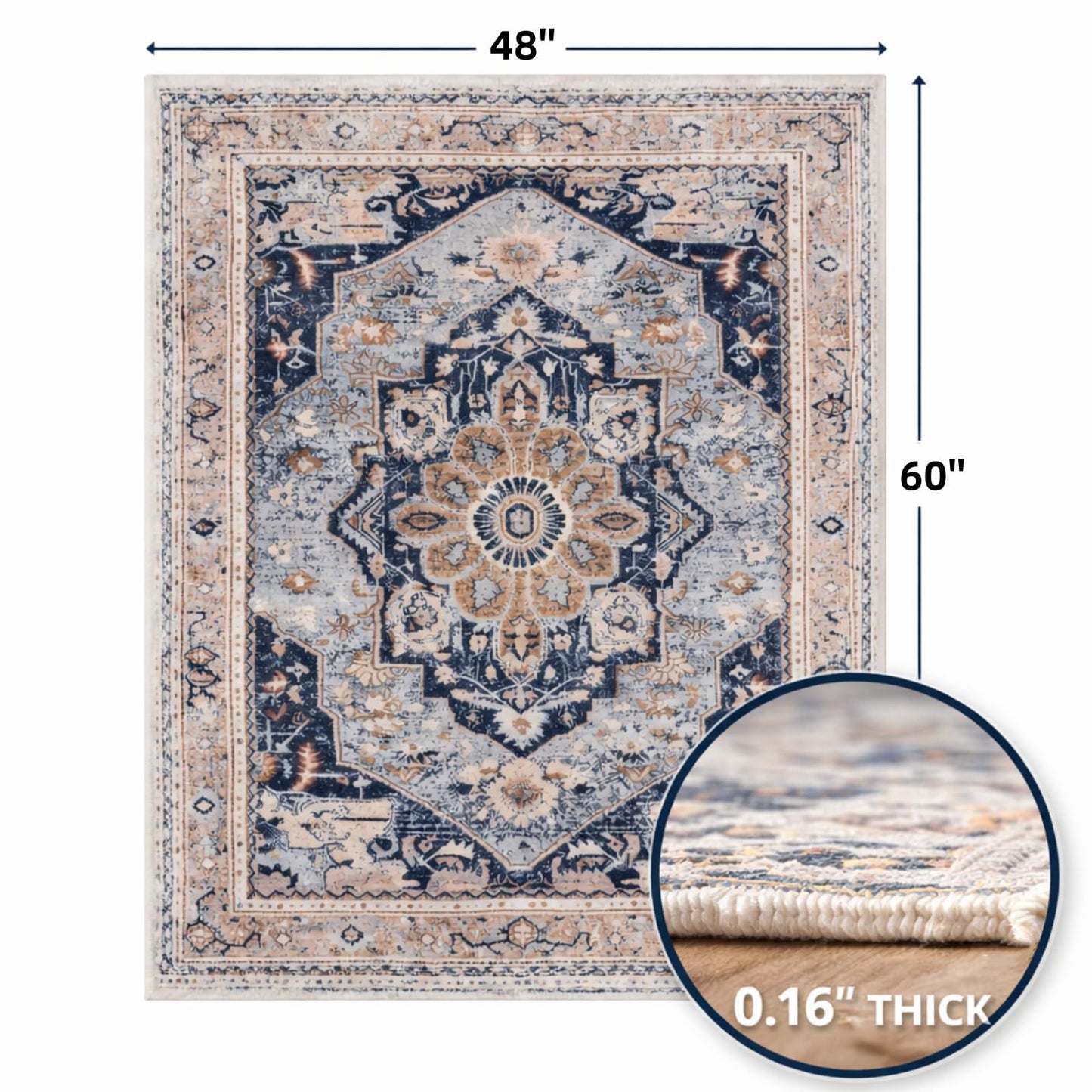 Office Chair Mat for Hard Floor - 48'' x 60'' Chair Mat for Hardwood and Tile Floors, Non-Slip Hard Floor Protection Mats for Rolling Chair Under Desk, Machine Wash (Beige & Blue)