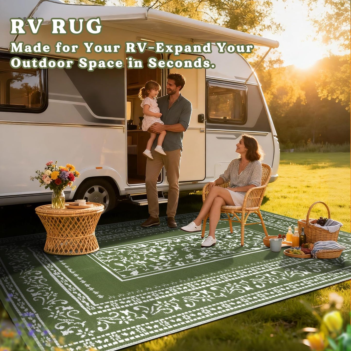 nesrt Patio Outdoor Rug 5x8 Ft Waterproof, Reversible Plastic Straw Floral Rugs for RV Camping Picnic, Portable Outside Balcony Carpet Mat for Deck Backyard Beach Porch (Dark Green)