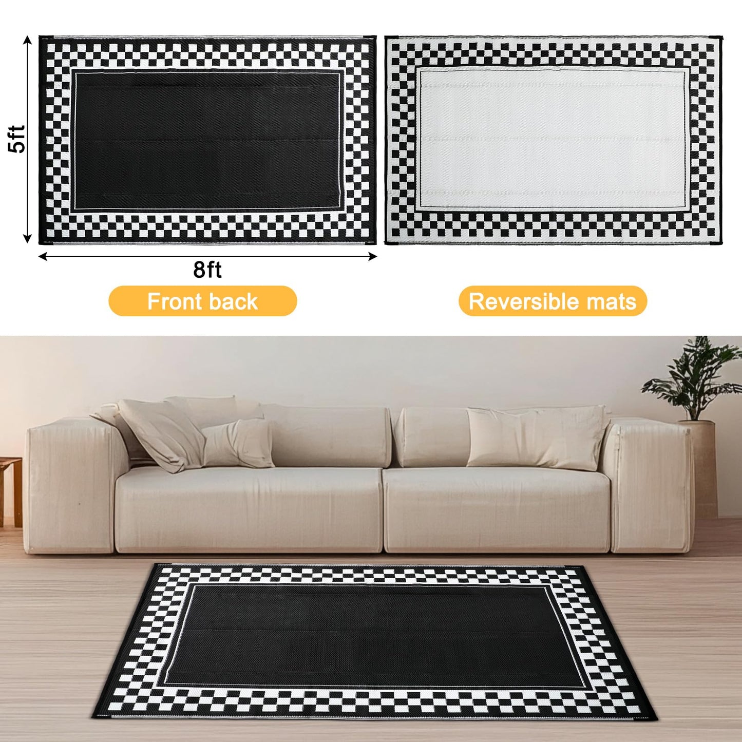 Dunzy Checkered Outdoor Patio Rug, 5 x 8 ft Non-Slip Plastic Straw Checkered Carpet Indoor Outdoor Area Mat for Outside Rv Camping Deck Pool Beach Porch Backyard(Black, Cream White)