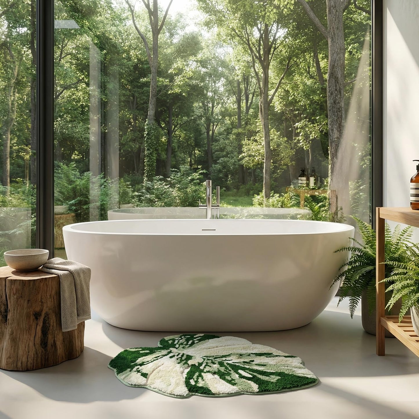VivaNest Luxury Sage Green Leaf Bathroom Mat Monstera, 32.3"x36.6" Extra Soft, Absorbent Washable Tufted Bath Rug, Non-Slip TPR Backing, Plush Shaggy Bath Carpet for Floor, Bathtub