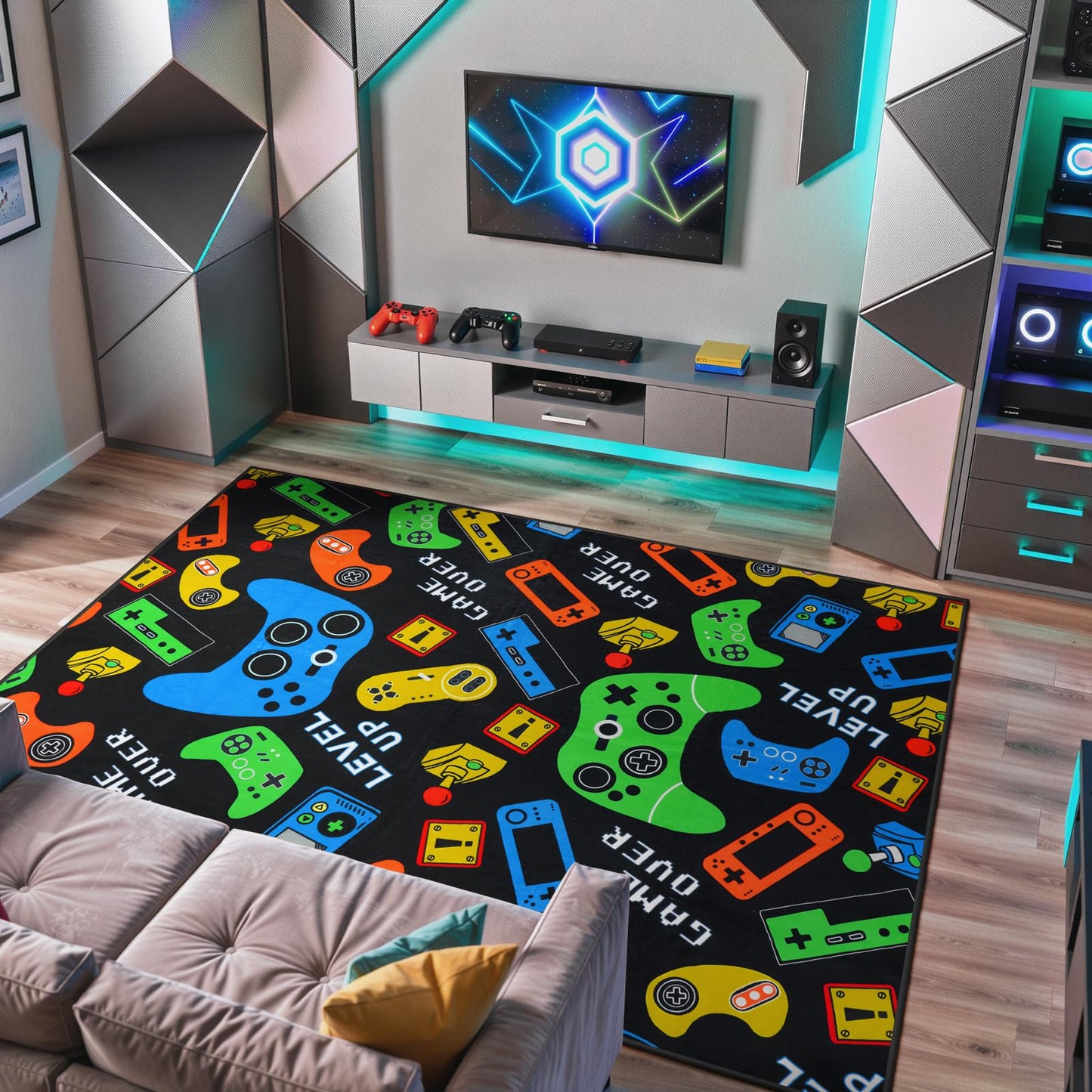 STARUIA Gamer Area Rug for Boys Room, 5x7 Washable Kids Rug for Boy Bedroom, Soft Black Cool Teens Video Games Console Carpet Kids Room Rugs for Game Room Playroom Living Room