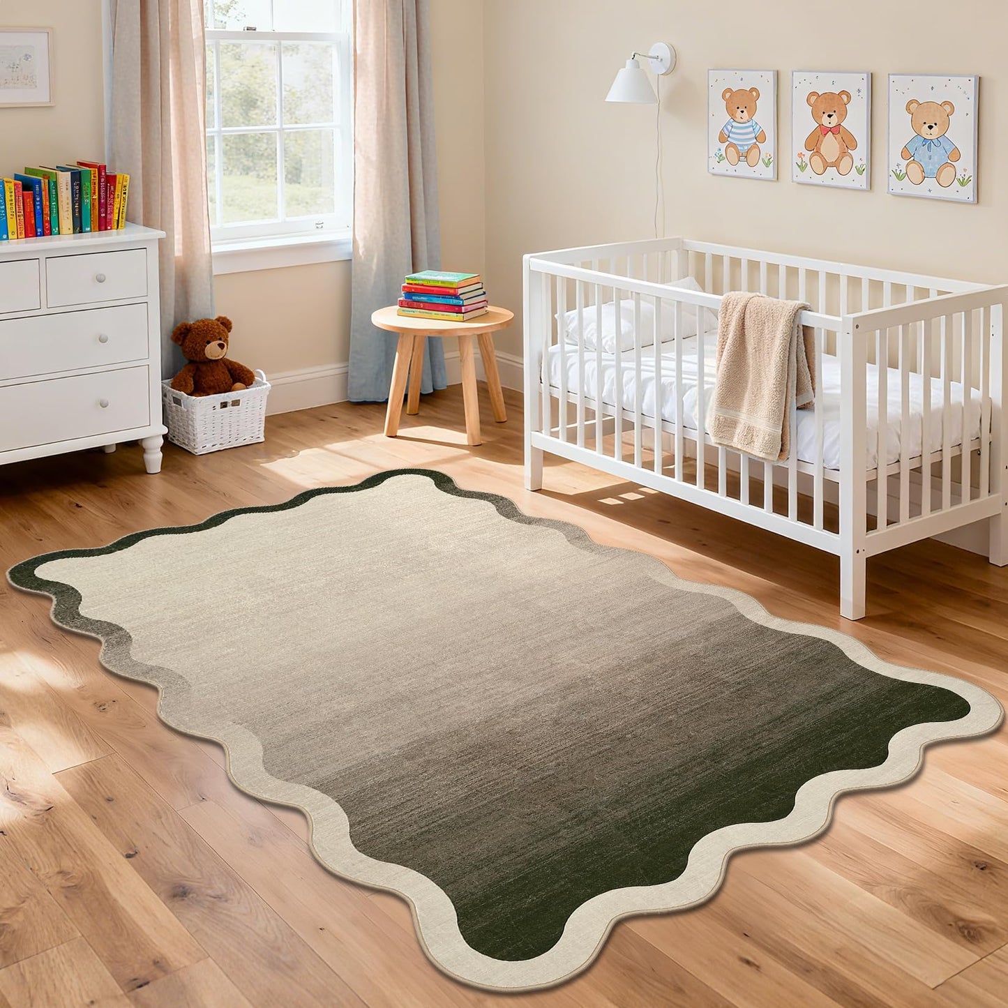 LUXLOOM Large Scalloped Rug 9x12 Non-Slip Contemporary Accent Rugs for Living Room Washable Non-Shedding Ultra-Thin Floor Cover Modern Ombre Indoor Carpet for Bedroom Nursery Kids Room Office Camel