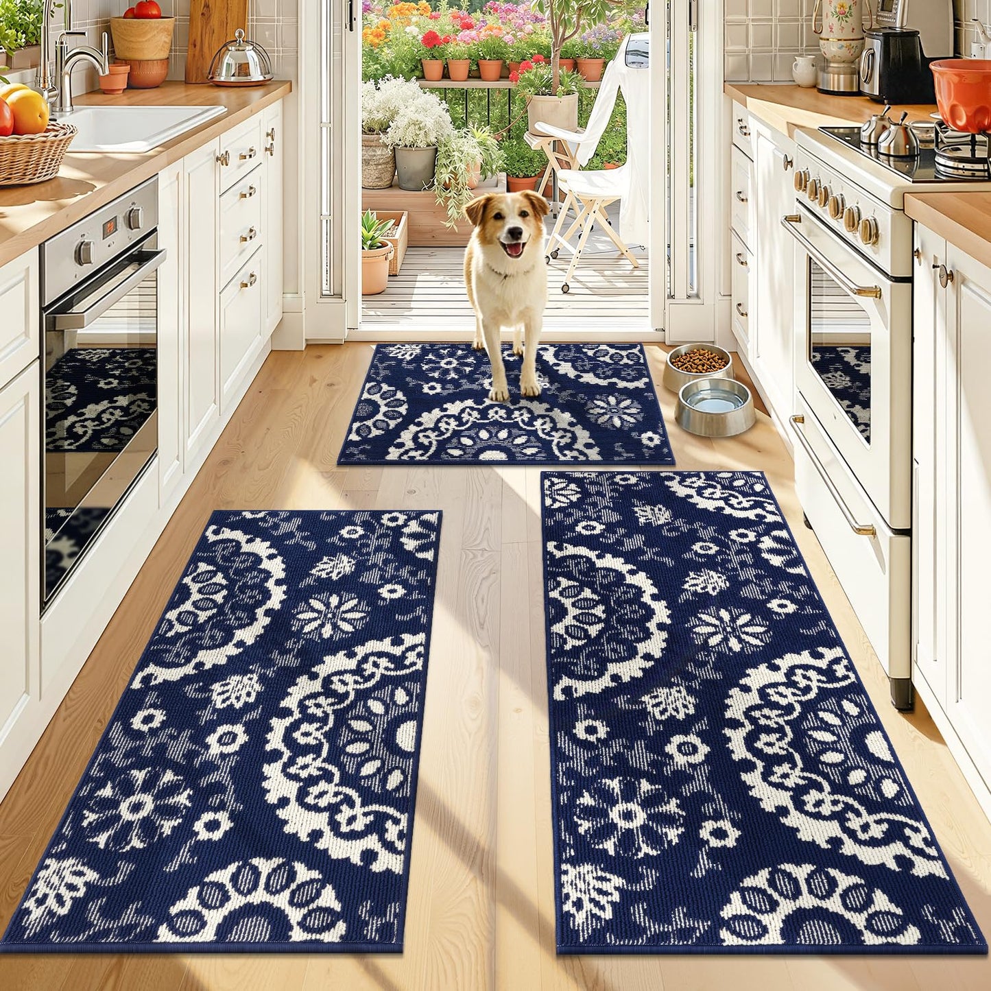Yamaziot Washable Kitchen Rug Sets of 3, Non Slip Kitchen Mats High-Low Textured Kitchen Runner Rugs Stain Resistant Absorbent Floor Carpet for Hallway, Laundry, Sink (Navy Blue, 2x3+2x4+2x5ft)