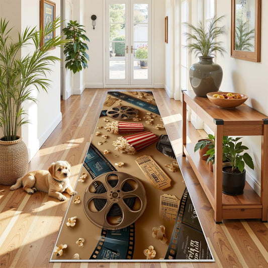 Retro Cinema Runner Rug 2x8ft Vintage Film Reel & Popcorn Design Carpet, Non-Slip Washable Hallway Runner for Home Theater, Living Room, Bedroom, Brown Movie Decor Rug