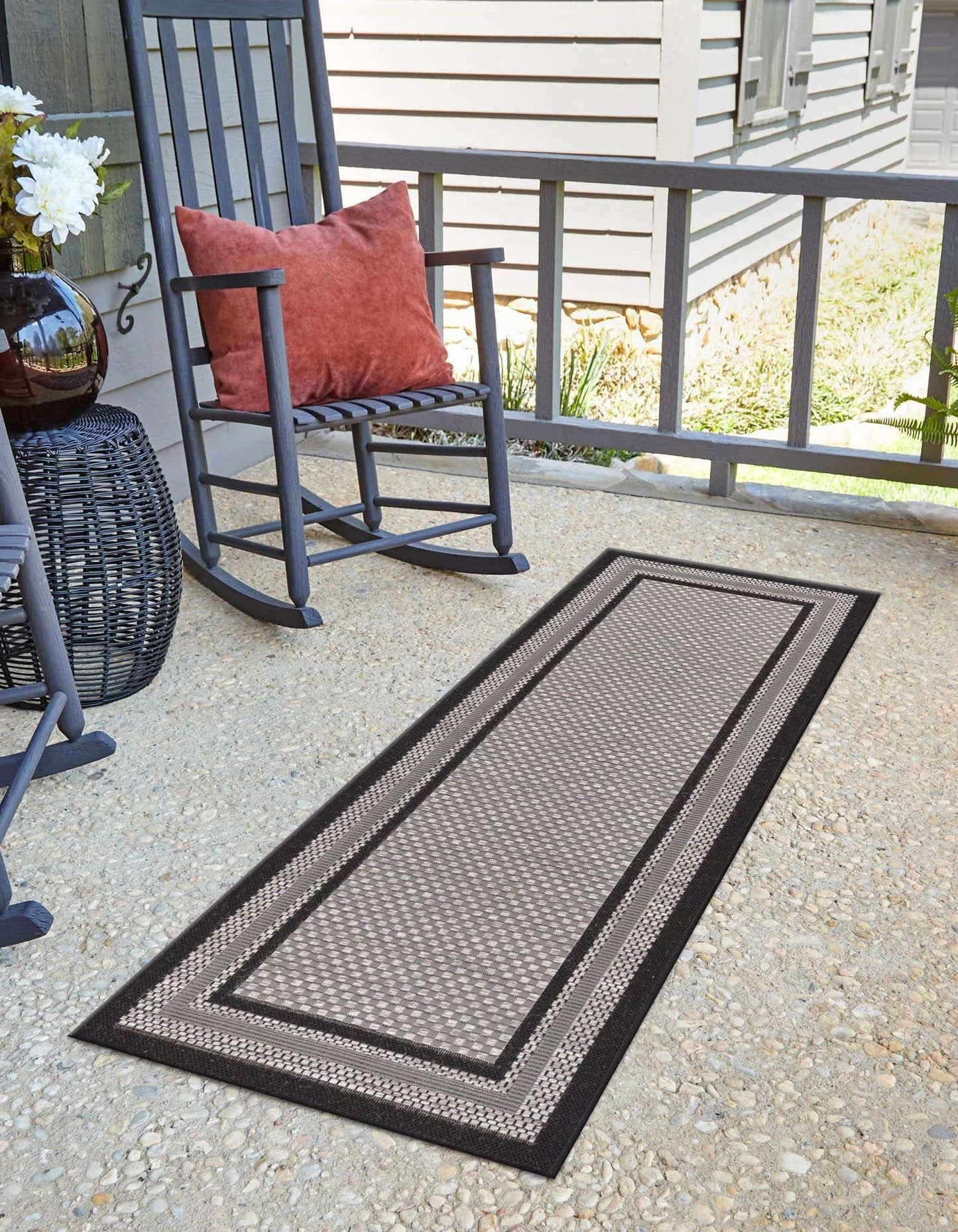 Unique Loom Outdoor Border Collection Area Rug - Multi Border (2' 7" x 10' Runner Gray/Black)