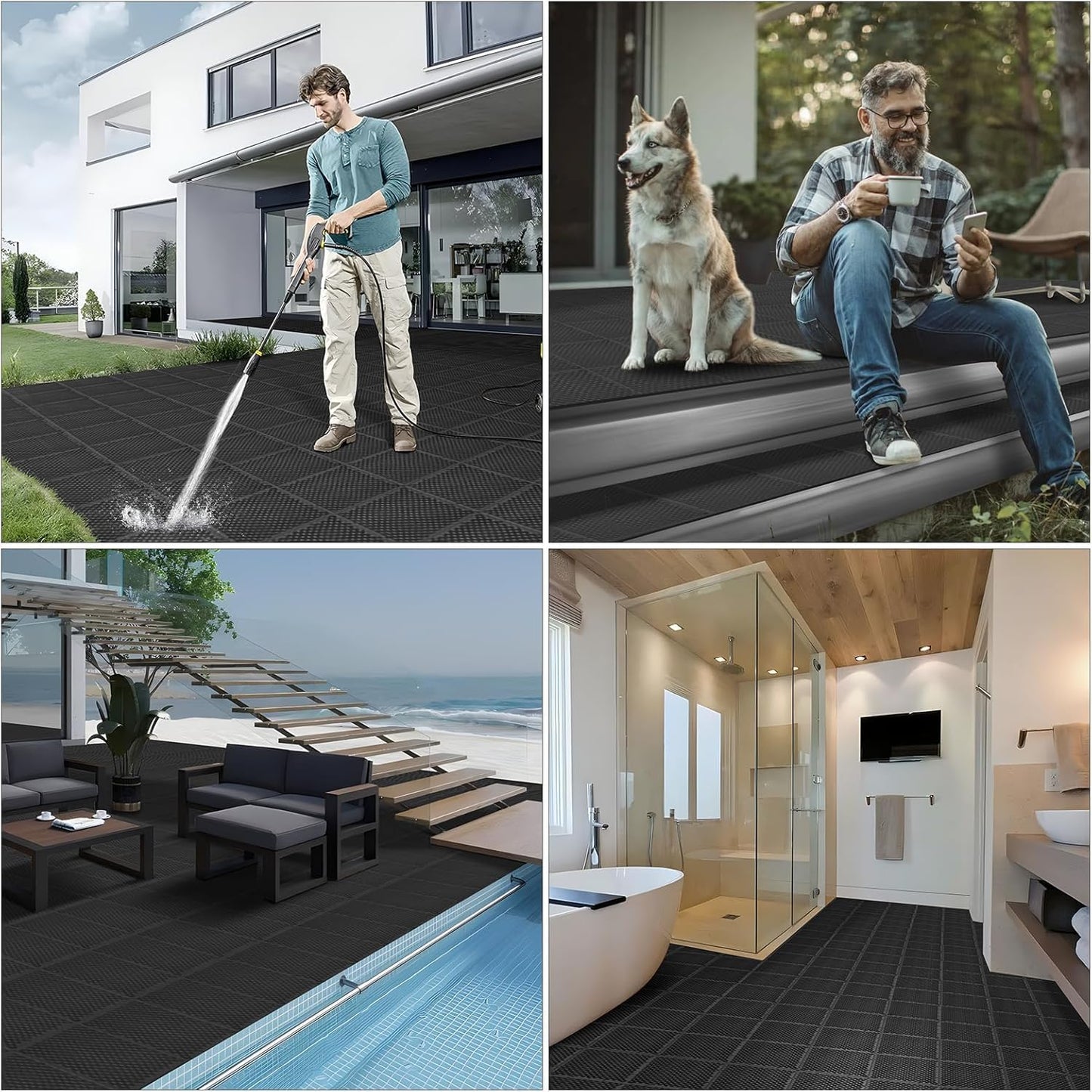 50 PCS Modular Interlocking Cushion Interlocking Floor Tiles with Hole Drainage Mat 10" x 10" Non Slip Pool Deck Mat Outdoor for Drain Deck Pool Patio Shower Kitchen Balcony (Black)
