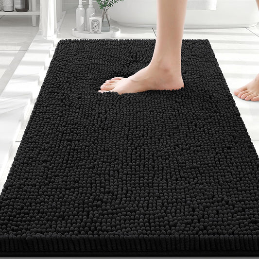 Smiry Luxury Chenille Bathroom Rugs 30x20, Extra Soft and Absorbent Shaggy Bath Mat, Machine Washable, Non-Slip Plush Carpet Runner for Tub, Shower, and Floor, Home Decor Accessories, Black