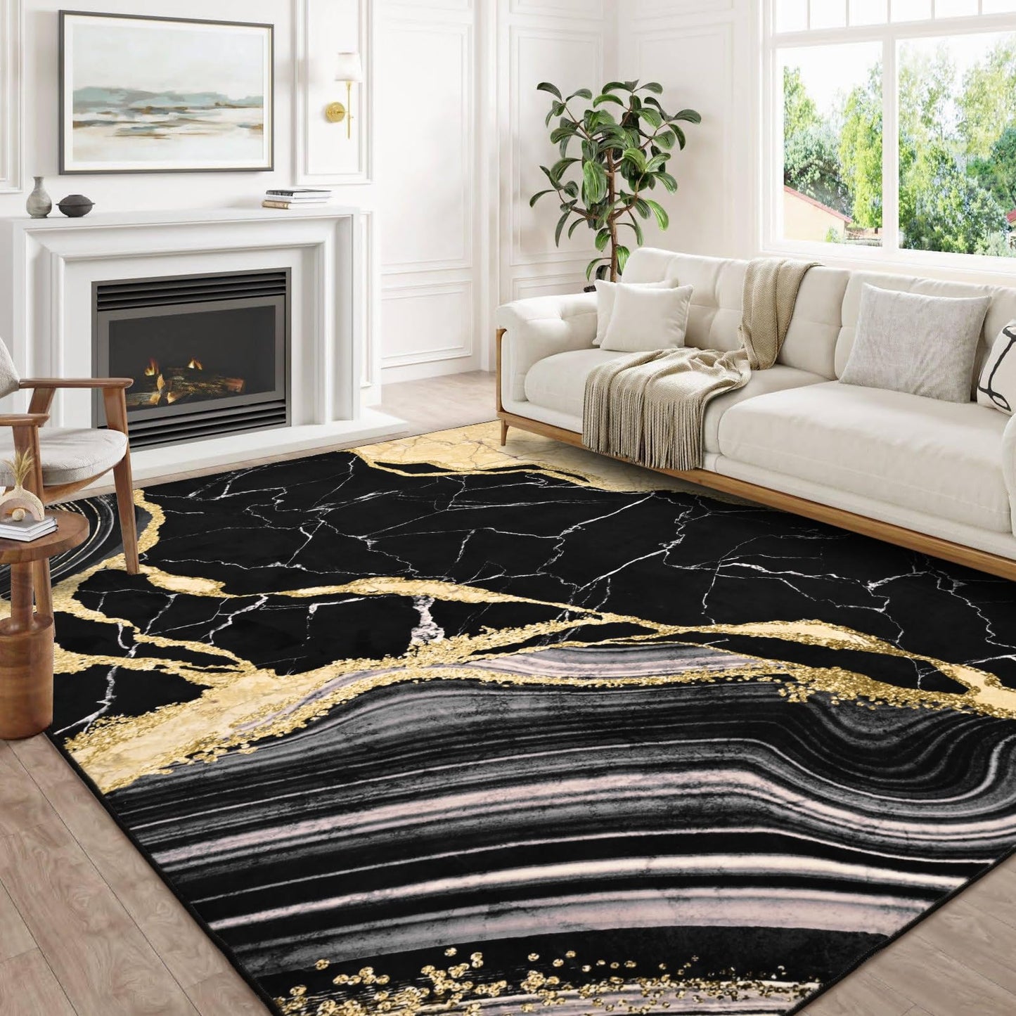 ASPMIZ Marble Area Rug 5x7 Washable Rugs for Bedroom, Soft Faux Wool Black and Gold Living Room Rugs Non Slip Modern Floor Carpet Low Profile Large Throw Rug for Dining Room Home Office Decor