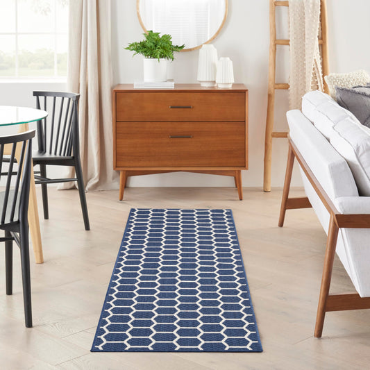 Nourison Home Reversible Indoor Outdoor Navy 2'2" x 8' Area Rug - Easy Clean, Non Shedding, Bed Room, Living Room, Dining Room, Kitchen (8' Runner)
