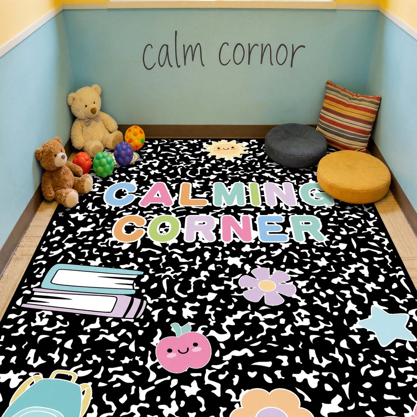 Maasechs 7x5 ft Calming Corner Classroom Rug Composition Notebook Classroom Schoolgirl Corner Items Rug Emotion Mental Health Soft Fluffy Carpet Floor Mat for Nursery Homeschool Playroom Elementary