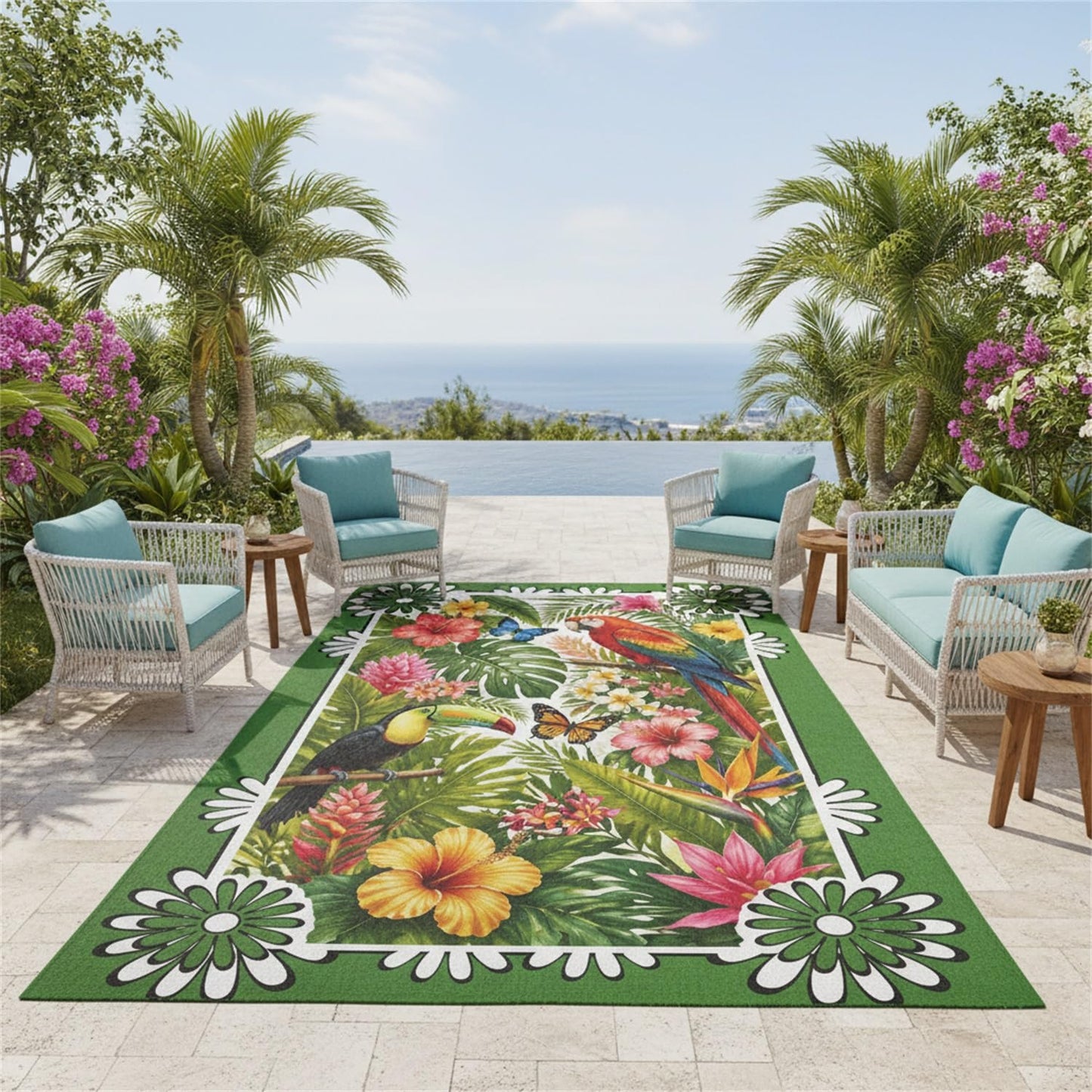 3D Waterproof Outdoor Area Rug 4x6 Tropical Floral Animal Print Green Pink Red Rugs for Porch Patio Deck Garden Rustic Jungle Outside Carpet Non Slip Thin Quick Dry Washable Floor Mats Throw Rugs