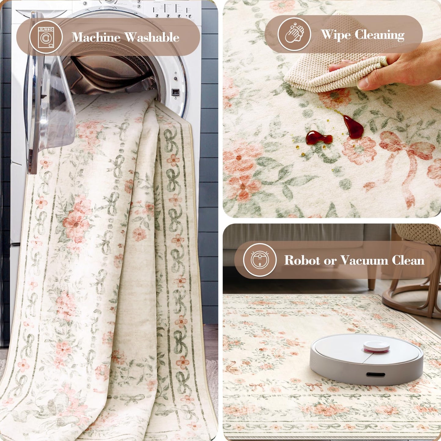 Wonnitar Floral Bow Washable Area Rug 5x7, Ultra-Thin Beige Rugs for Bedroom, Boho Non Shedding Neutral Soft Carpet for Nursey Kids Room Dorm Living Room, Beige