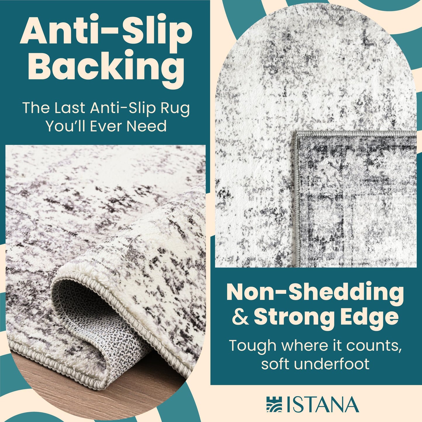 Istana Rugs 3x5 - White Cream/Grey Area Rugs - Kid & Pet Friendly Washable Rugs 3x5-3x5 Area Rugs - Foldable 3 x 5 Area Rug Washable Non Slip - Eco-Friendly Rug with Rubber Backing