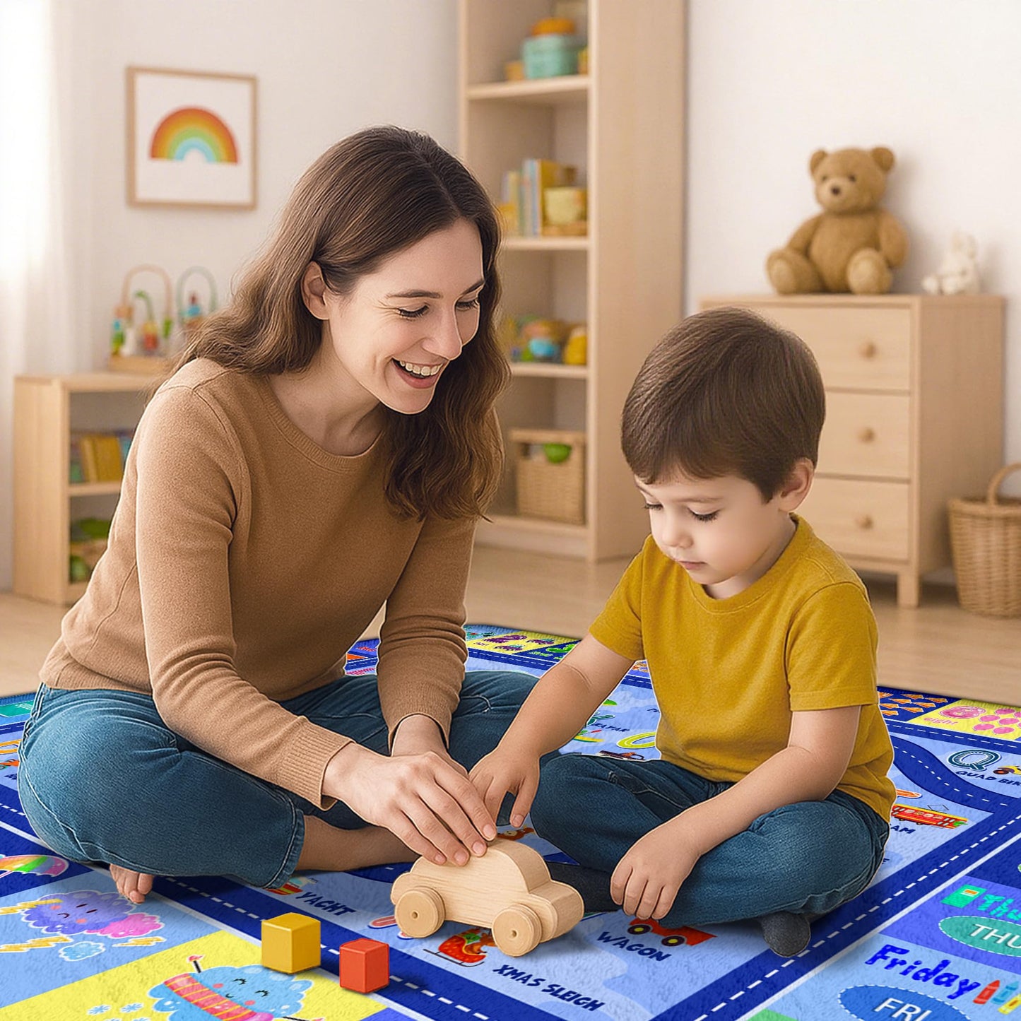 Kids Rug for Playroom, Educational Classroom Rug for Kids Room, Washable Nursery Rugs, Soft Non-Slip Play Mat for Learning ABC Carpet, Vehicles, Numbers, Animals, Colors, Shape, Season 5x7 Feet